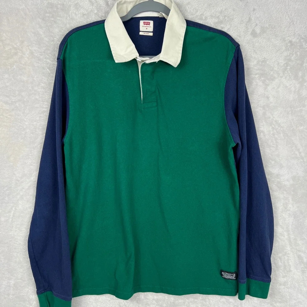 Levis Mens Relaxed Fit Rugby Shirt Green Navy Blue Long Sleeve‎ Polo M Preppy